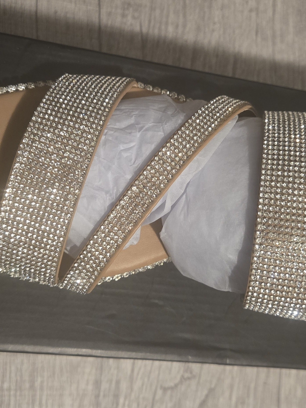 AKIRA Crystal-Embellished Nude Slide Sandals